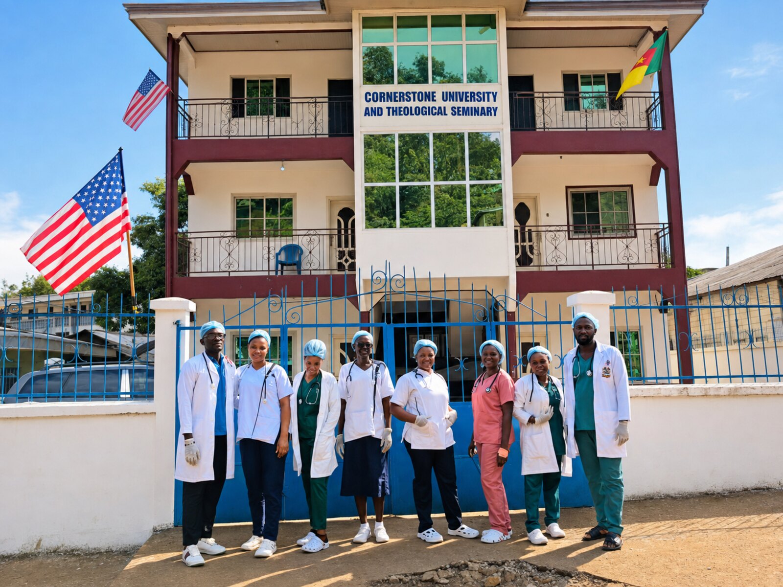 Students outside the Cornerstone campus in Kumba